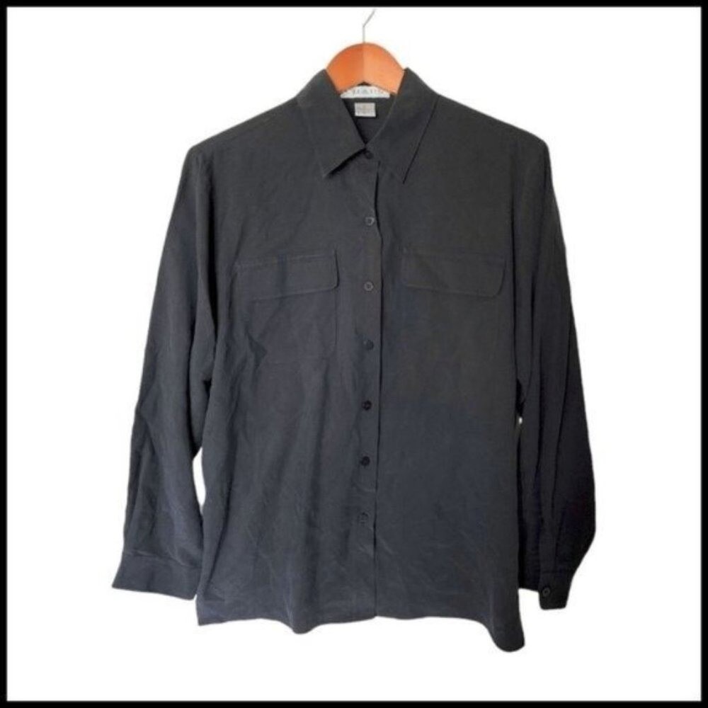 Chaus 100% Silk Button Down Shirt Black Size 10 Chest Pockets